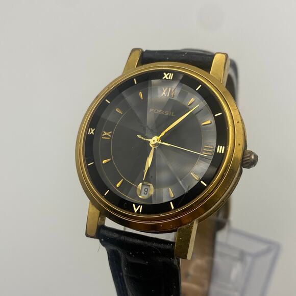 Fossil PC 9291 Gold Tone Watch with Black Leather Band - Picture 4 of 6